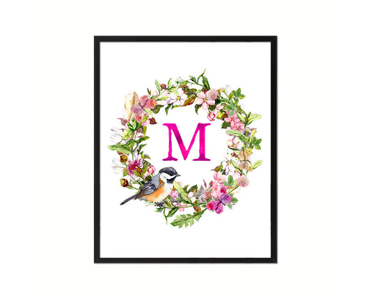 Letter M Custom Floral Wreath Monogram Framed Prints Wall Art