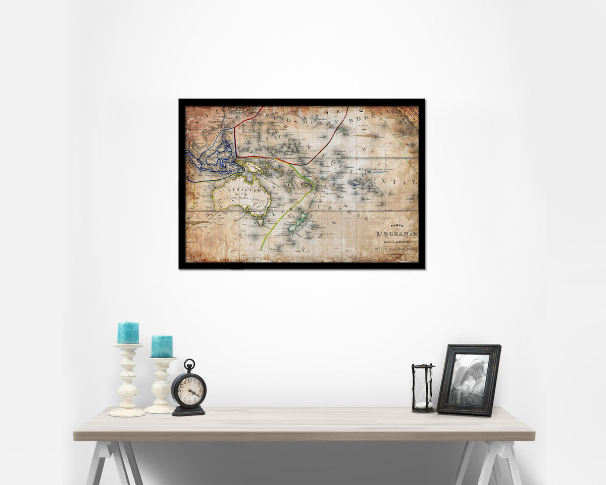 Australia New Zealand Oceania Antique Map Framed Print Art Wall Decor Gifts