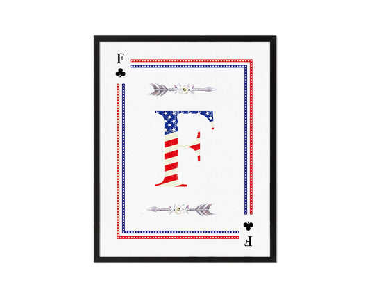 Letter F Personalized Initial American Flag Playing Card Framed Prints Wall Art