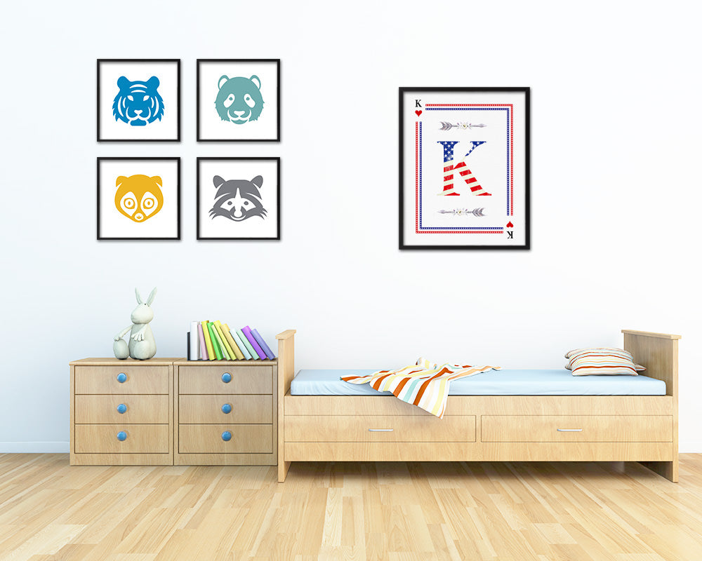 Letter K Personalized Initial American Flag Playing Card Framed Prints Wall Art