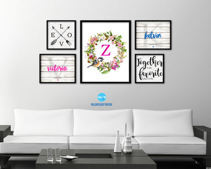 Letter Z Custom Floral Wreath Monogram Framed Prints Wall Art