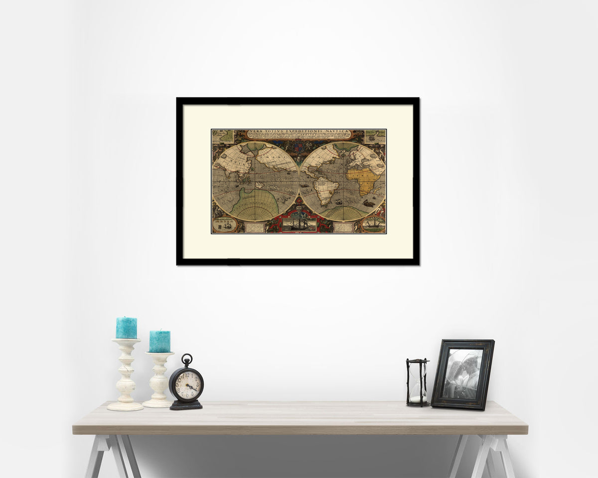 Vera Totius Expeditionis Nautica Double Hemisphere World Old Map Framed Print Art Gifts