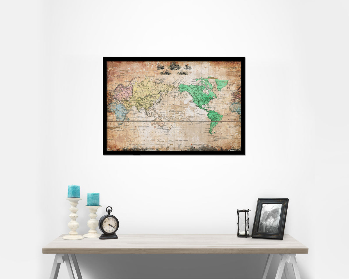 World 1875 Antique Map Framed Print Art Wall Decor Gifts
