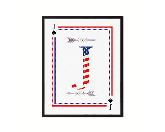 Letter J Personalized Initial American Flag Playing Card Framed Prints Wall Art