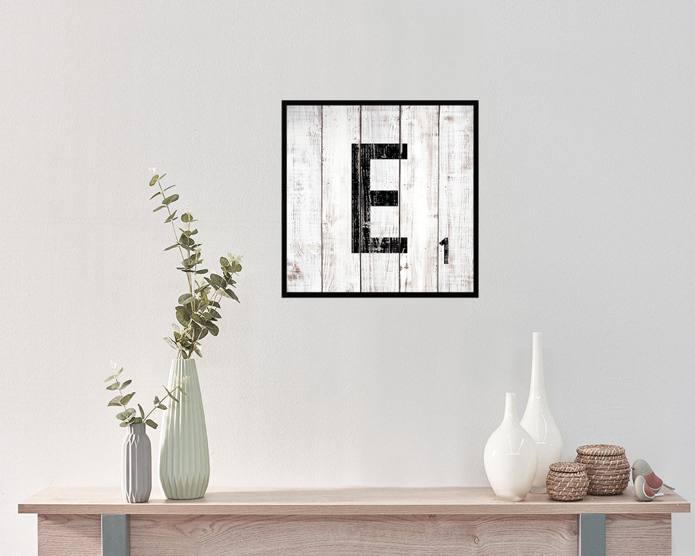 Letter E Custom Scrabble Sign Framed Prints Wall Art Decor Gifts, White Wash Wood
