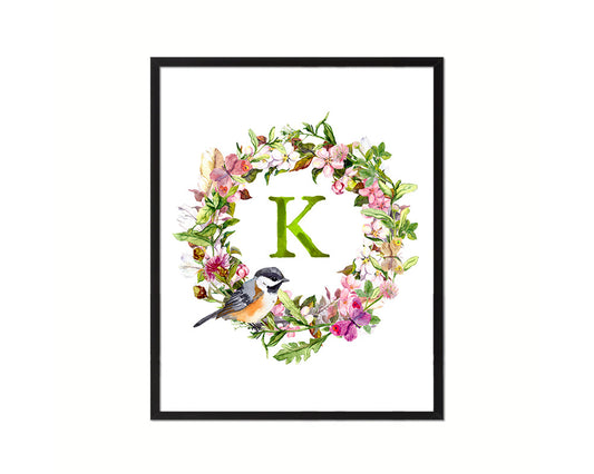 Letter K Custom Floral Wreath Monogram Framed Prints Wall Art