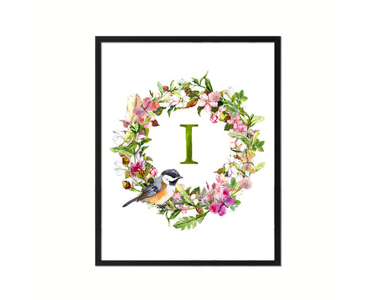 Letter I Custom Floral Wreath Monogram Framed Prints Wall Art