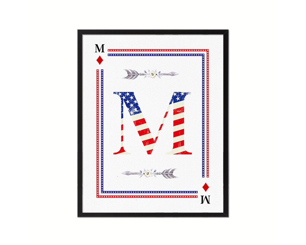 Letter M Personalized Initial American Flag Playing Card Framed Prints Wall Art