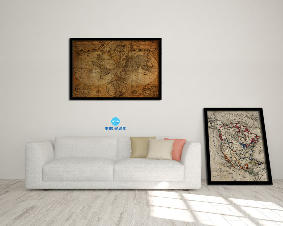 World Johann Baptist Homann Nuremberg Germany 1746 Vintage Map Framed Print Art Wall Decor Gifts