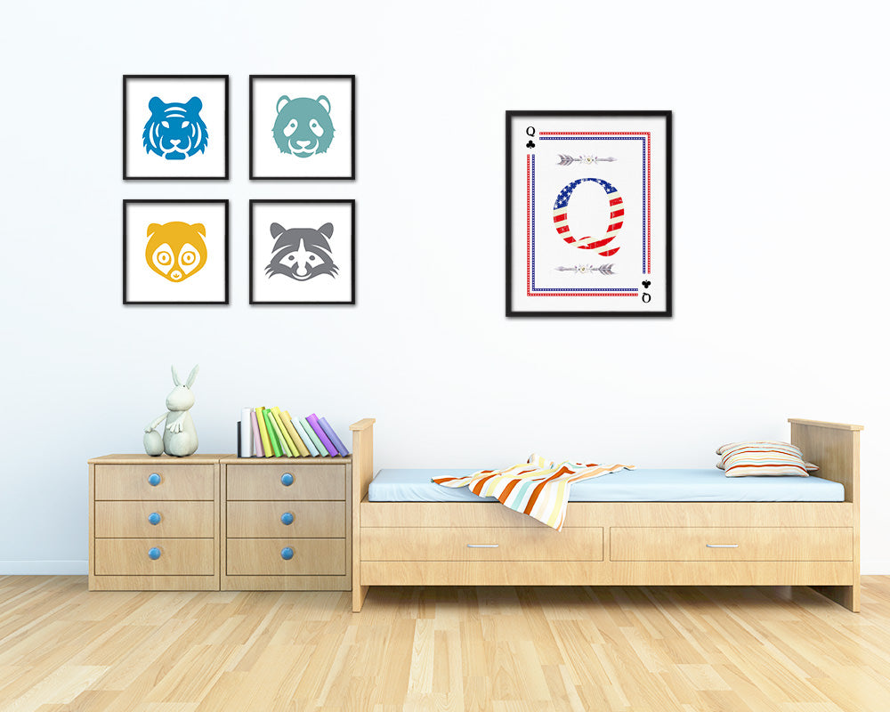 Letter Q Personalized Initial American Flag Playing Card Framed Prints Wall Art