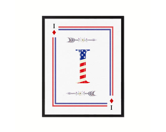 Letter I Personalized Initial American Flag Playing Card Framed Prints Wall Art