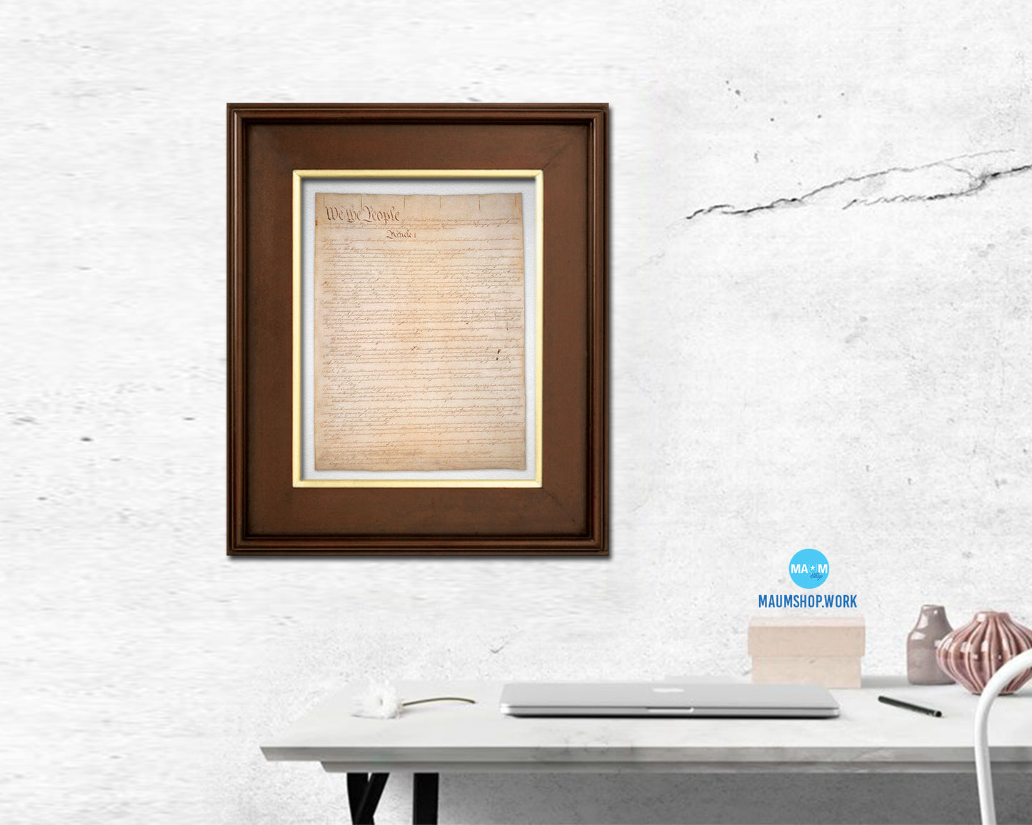 Constitution We the people US Historical Print Art Wood Framed Wall Decor Gifts, 12" x 16"
