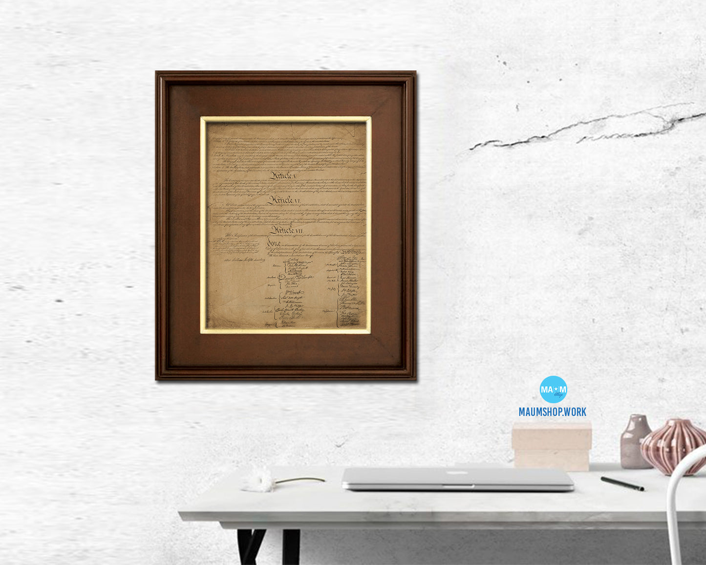 Constitution We the people US Historical Print Art Wood Framed Wall Decor Gifts, 12" x 16"