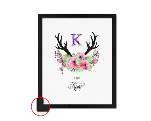 Letter K Watercolor Floral Boho Custom Initial Name Sign Framed Prints Wall Art
