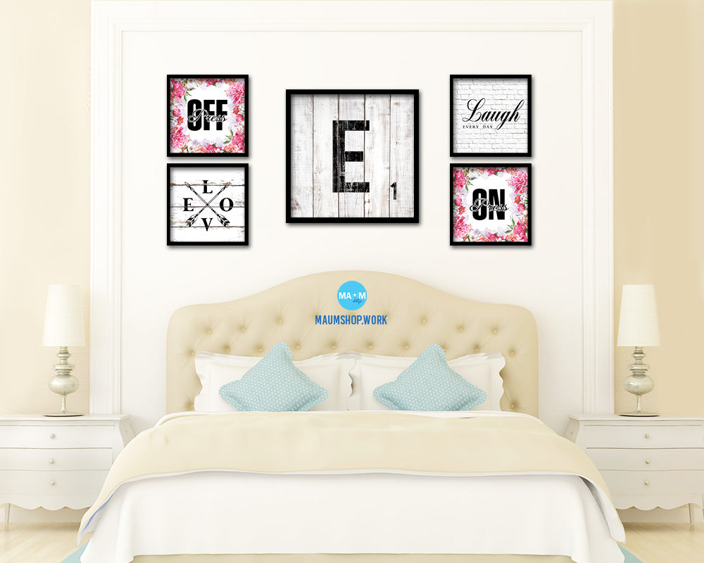 Letter E Custom Scrabble Sign Framed Prints Wall Art Decor Gifts, White Wash Wood
