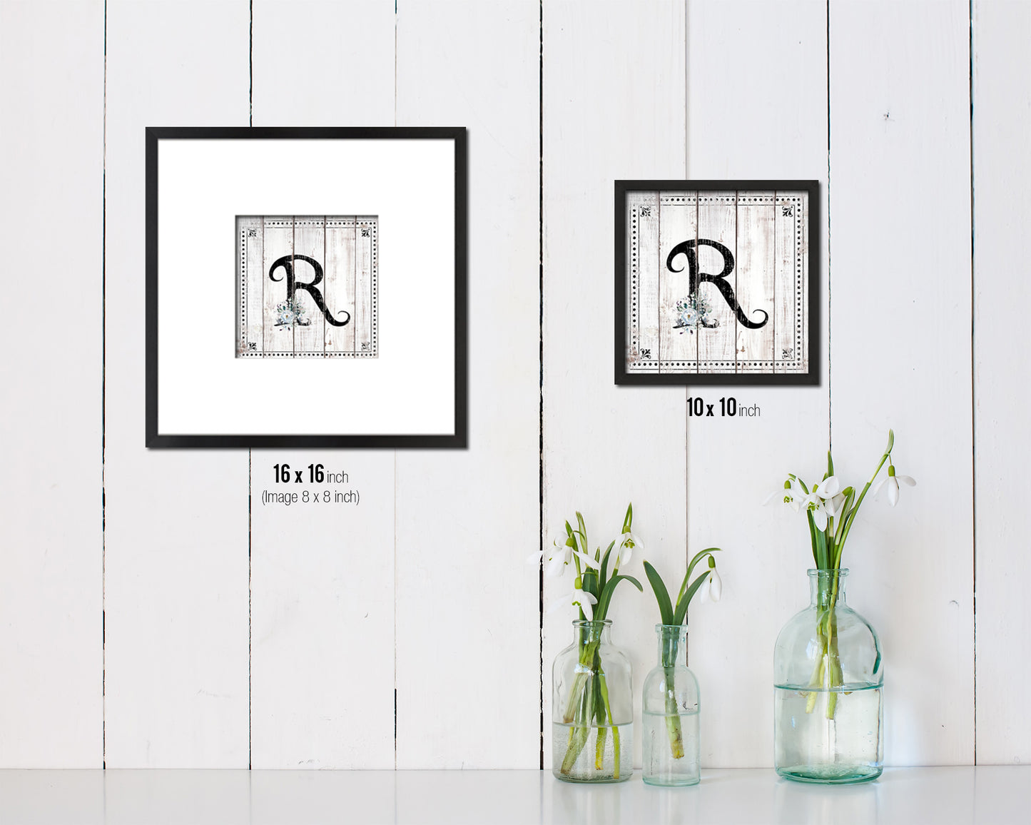 Letters R Custom Monogram Name Sign Framed Prints Wall Art Décor, White Wash Wood