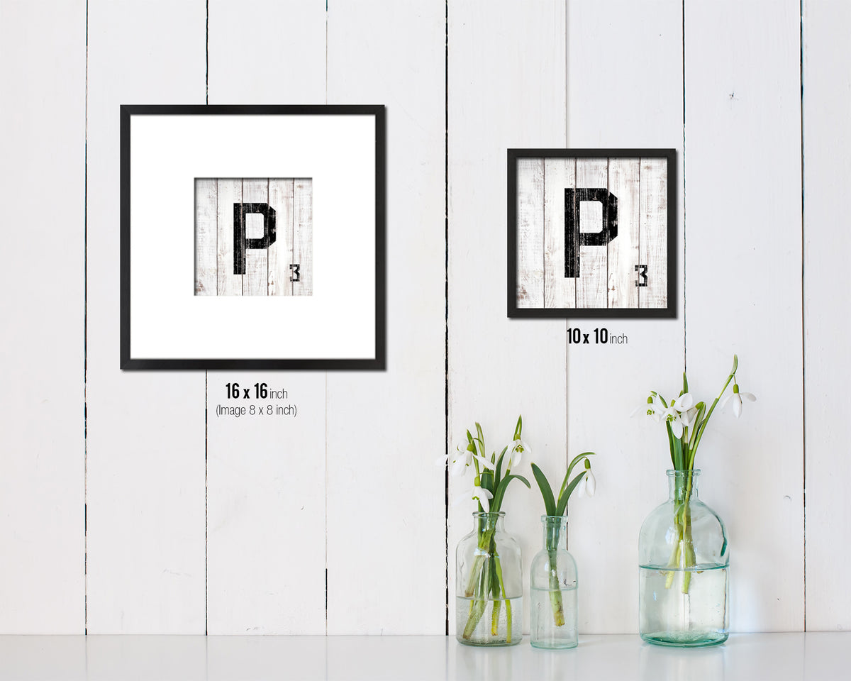 Letter P Custom Scrabble Sign Framed Prints Wall Art Decor Gifts, White Wash Wood