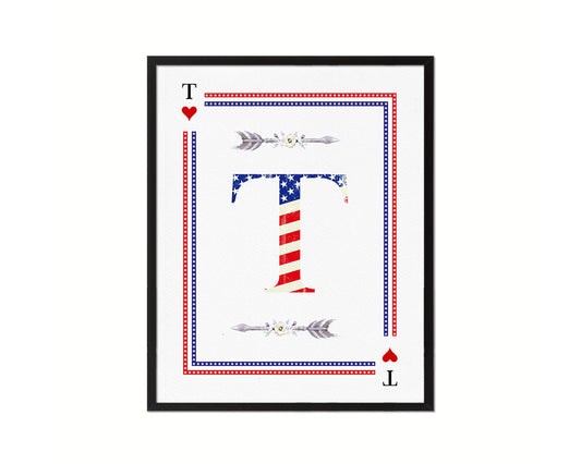Letter T Personalized Initial American Flag Playing Card Framed Prints Wall Art