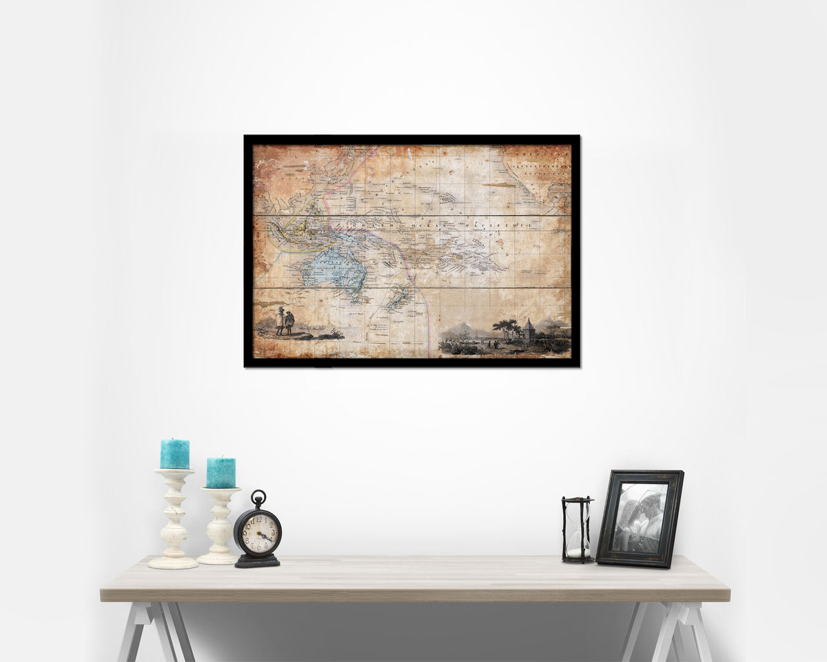 Australia New Zealand Oceania Cruises Antique Map Framed Print Art Wall Decor Gifts