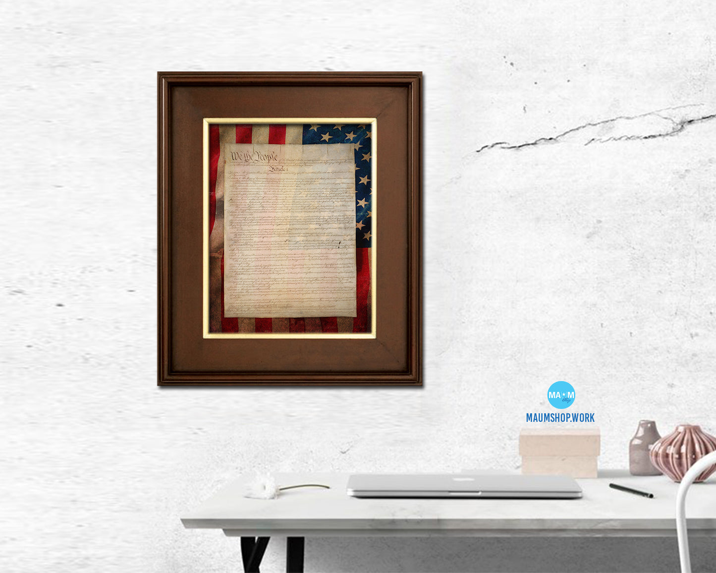 Constitution We the people US Historical Print Art Wood Framed Wall Decor Gifts, 12" x 16"