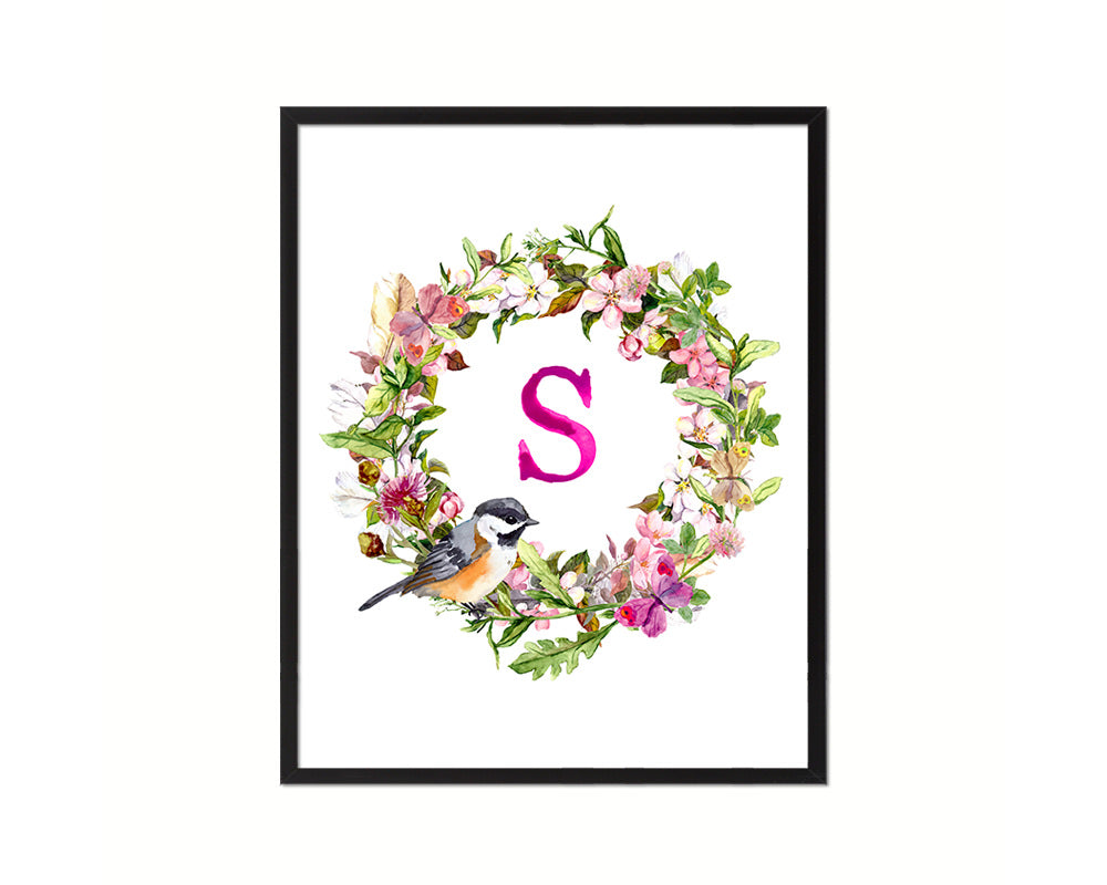 Letter S Custom Floral Wreath Monogram Framed Prints Wall Art