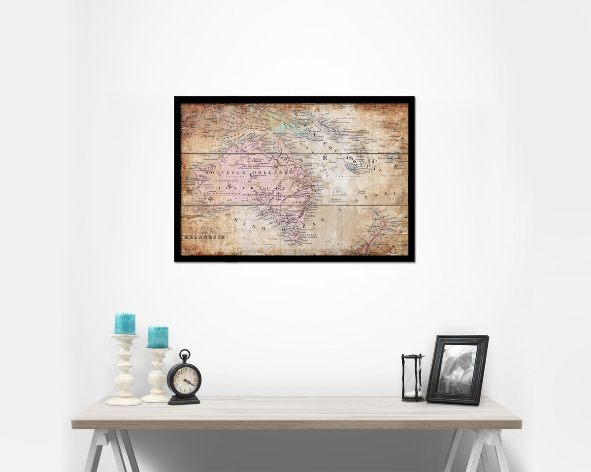 Australia New Zealand Oceania Antique Map Framed Print Art Wall Decor Gifts