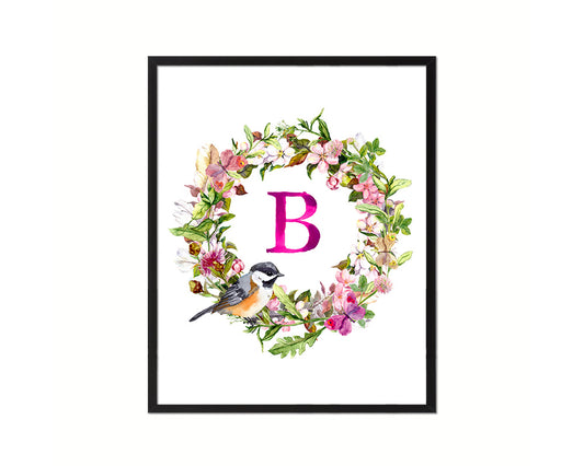 Letter B Custom Floral Wreath Monogram Framed Prints Wall Art