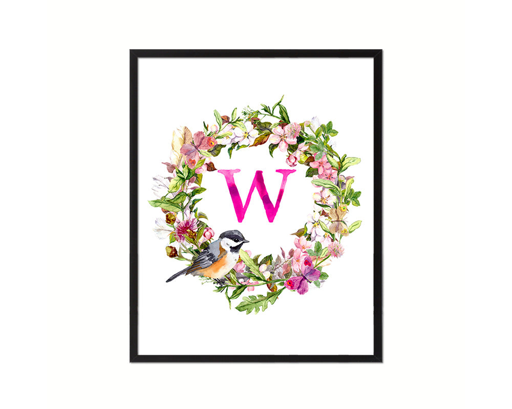 Letter W Custom Floral Wreath Monogram Framed Prints Wall Art
