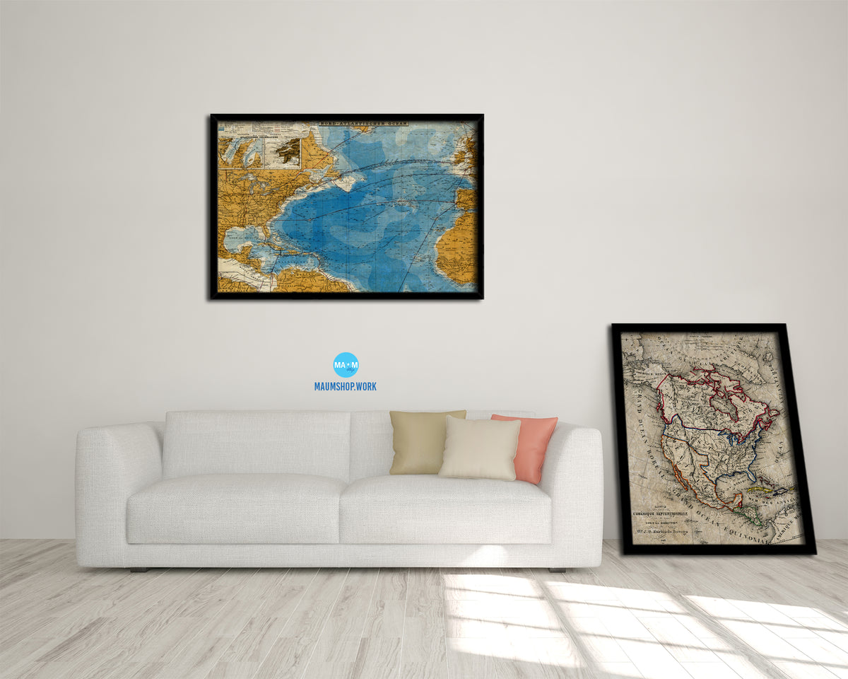North Atlantic Telegraph Lines Stieler Historical Map Framed Print Art Wall Decor Gifts
