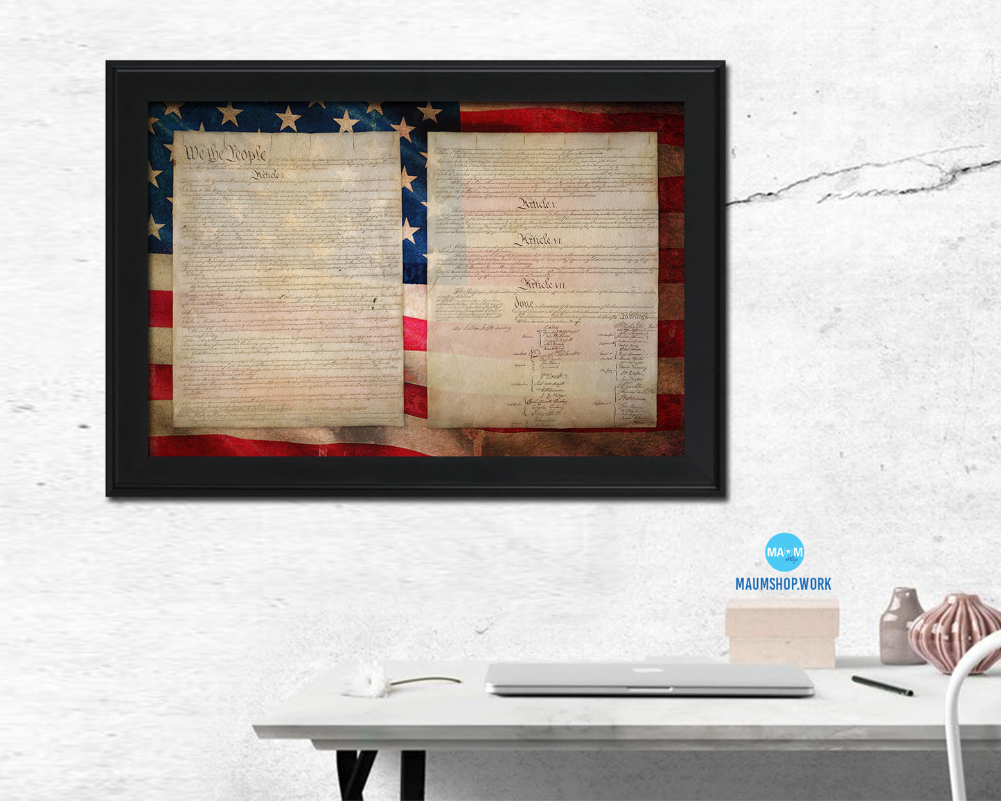 Constitution We the people US Historical Print Art Wood Framed Wall Decor Gifts, 12" x 16"