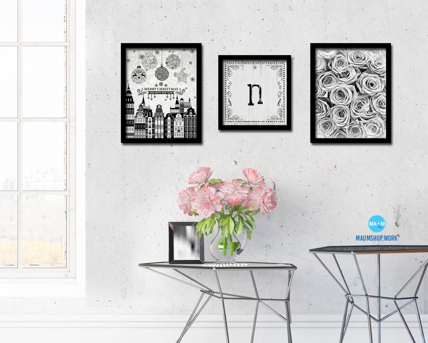 Letters N Custom Monogram Name Sign Framed Prints Wall Art Décor, White Wash