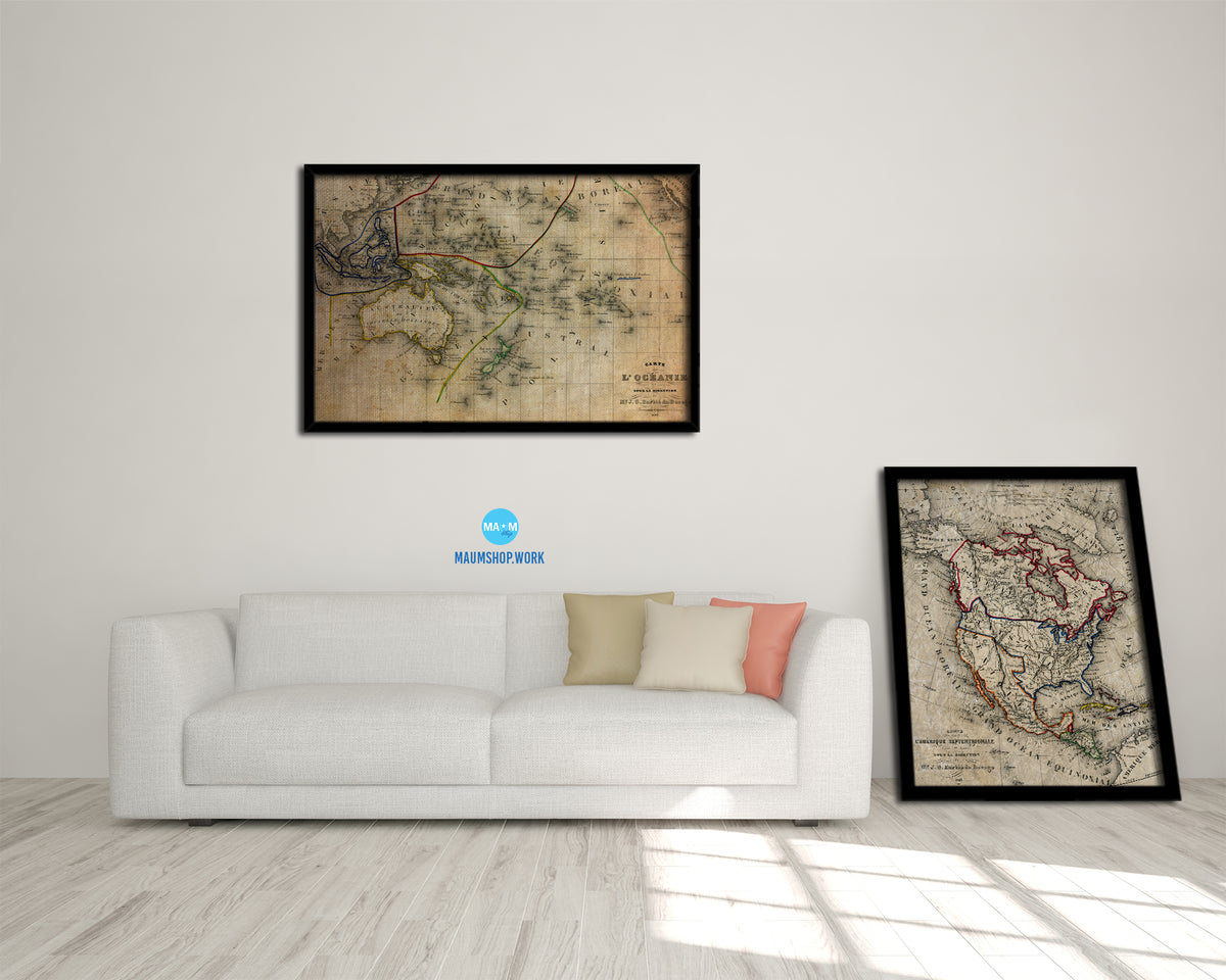 Australia New Zealand Oceania Vintage Map Framed Print Art Wall Decor Gifts