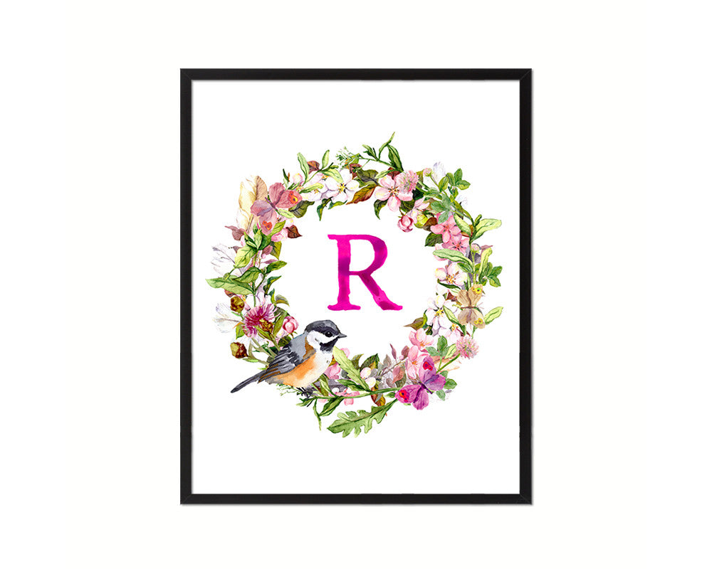 Letter R Custom Floral Wreath Monogram Framed Prints Wall Art