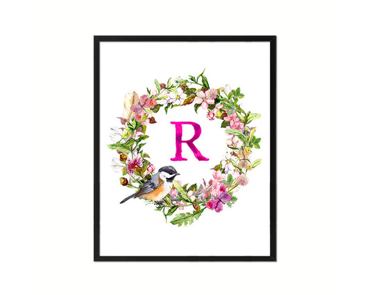 Letter R Custom Floral Wreath Monogram Framed Prints Wall Art