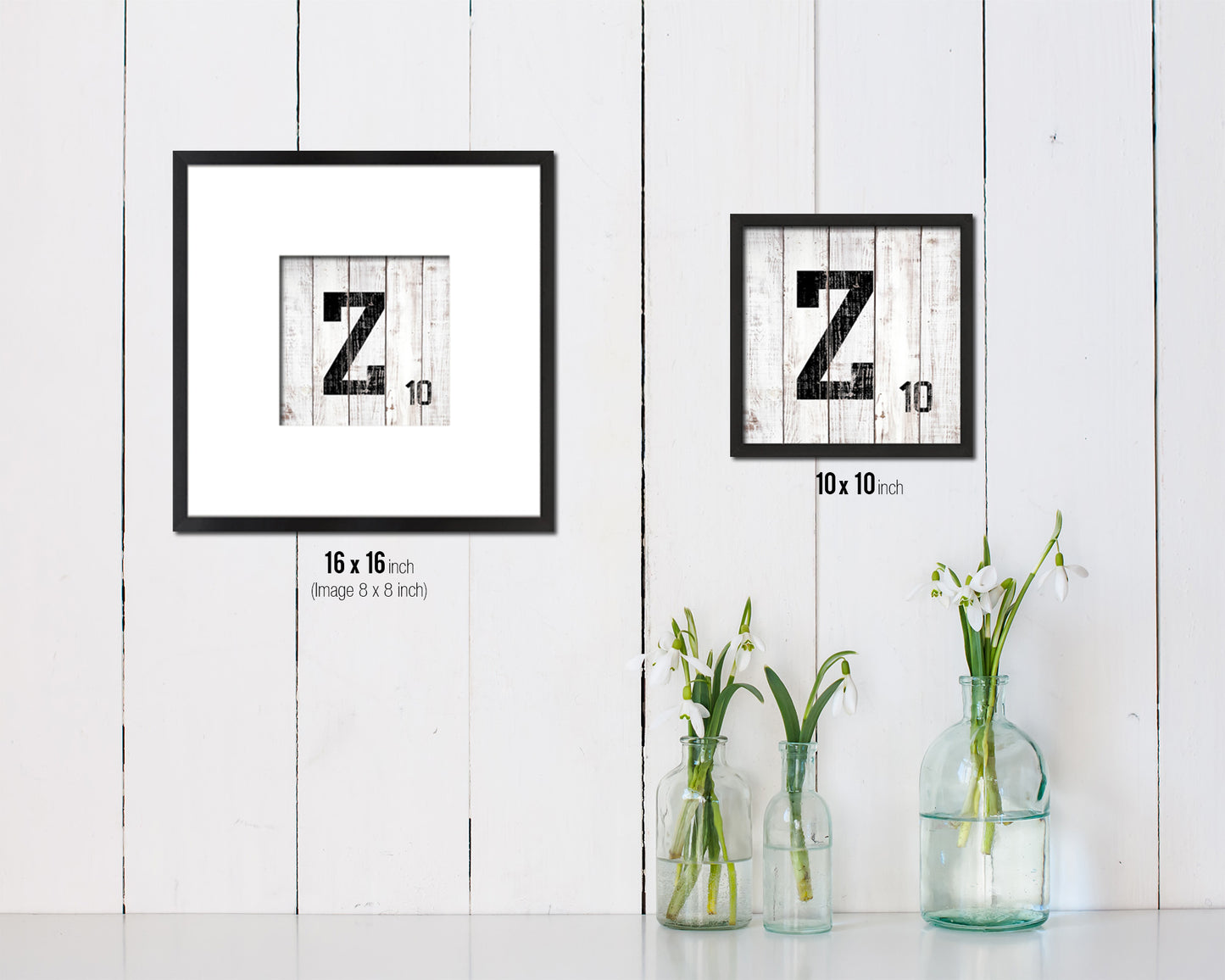 Letter Z Custom Scrabble Sign Framed Prints Wall Art Decor Gifts, White Wash Wood