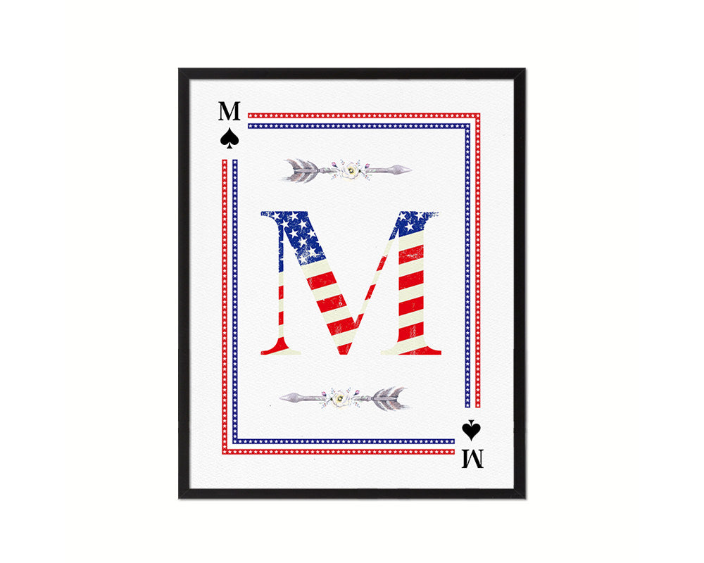 Letter M Personalized Initial American Flag Playing Card Framed Prints Wall Art