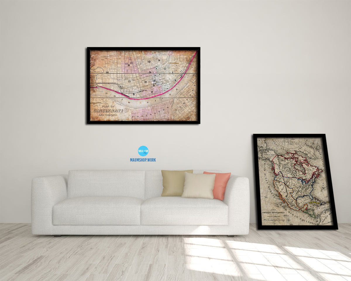 Cincinnati Antique Map Framed Print Art Wall Decor Gifts