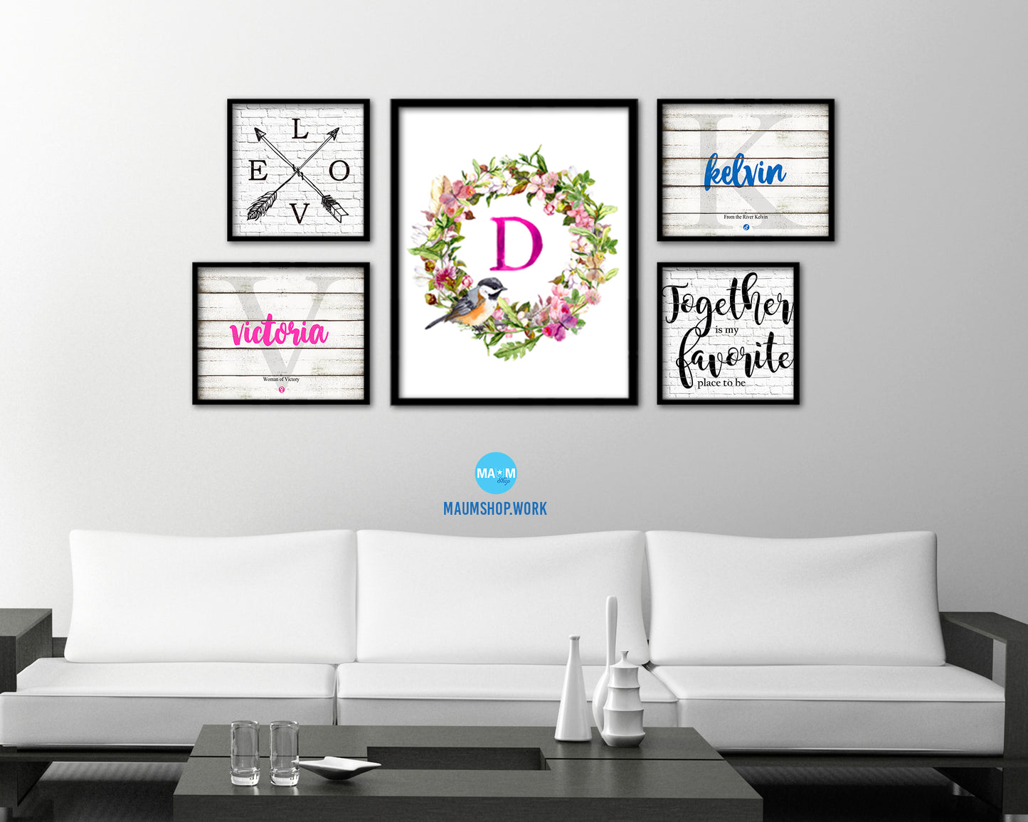 Letter D Custom Floral Wreath Monogram Framed Prints Wall Art