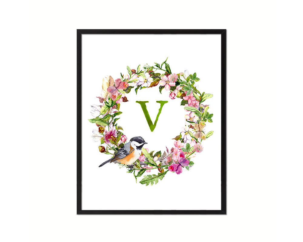 Letter V Custom Floral Wreath Monogram Framed Prints Wall Art