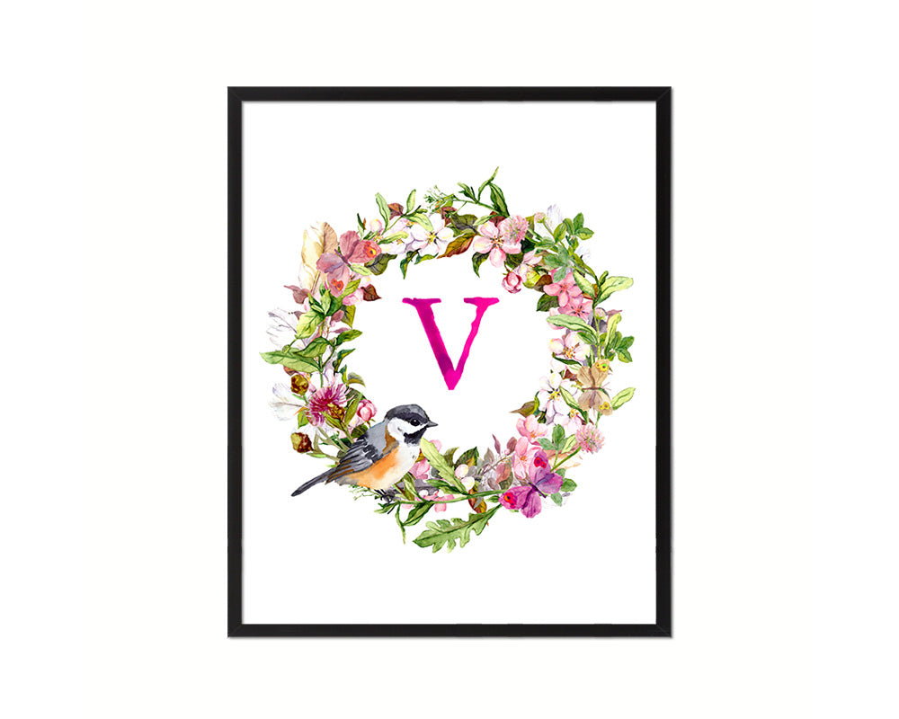 Letter V Custom Floral Wreath Monogram Framed Prints Wall Art