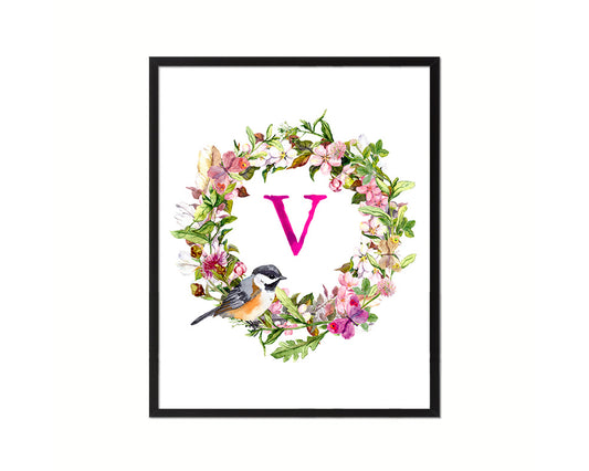 Letter V Custom Floral Wreath Monogram Framed Prints Wall Art