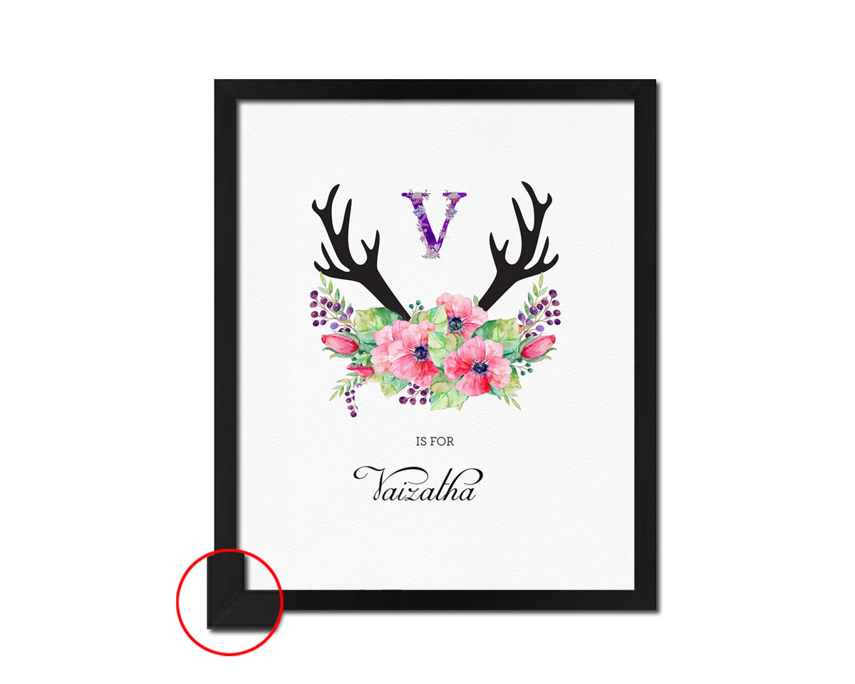 Letter V Watercolor Floral Boho Custom Initial Name Sign Framed Prints Wall Art