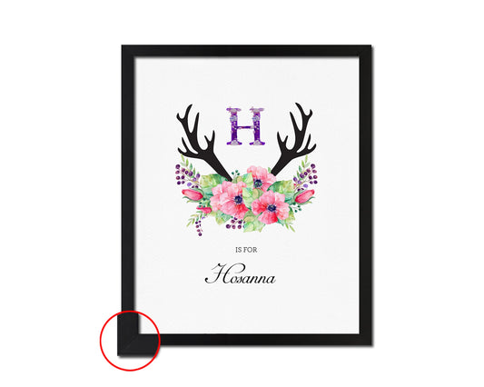 Letter H Watercolor Floral Boho Custom Initial Name Sign Framed Prints Wall Art
