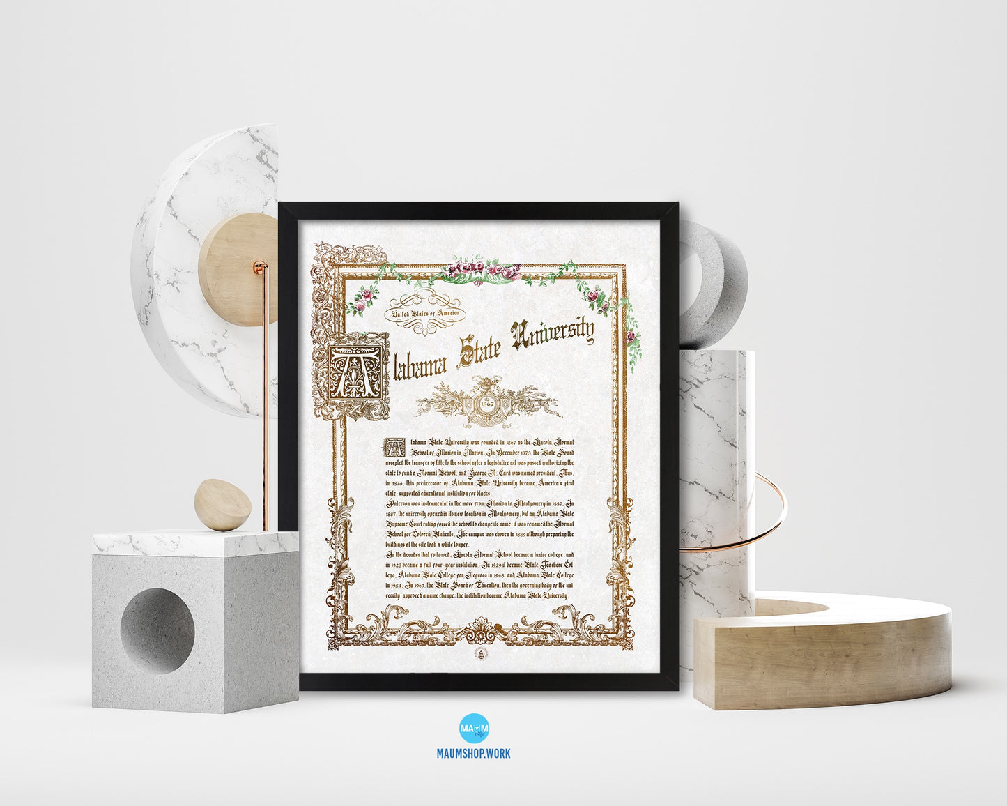 Alabama State University, Alabama, Custom Framed Document Print Wall Art Decor Gifts