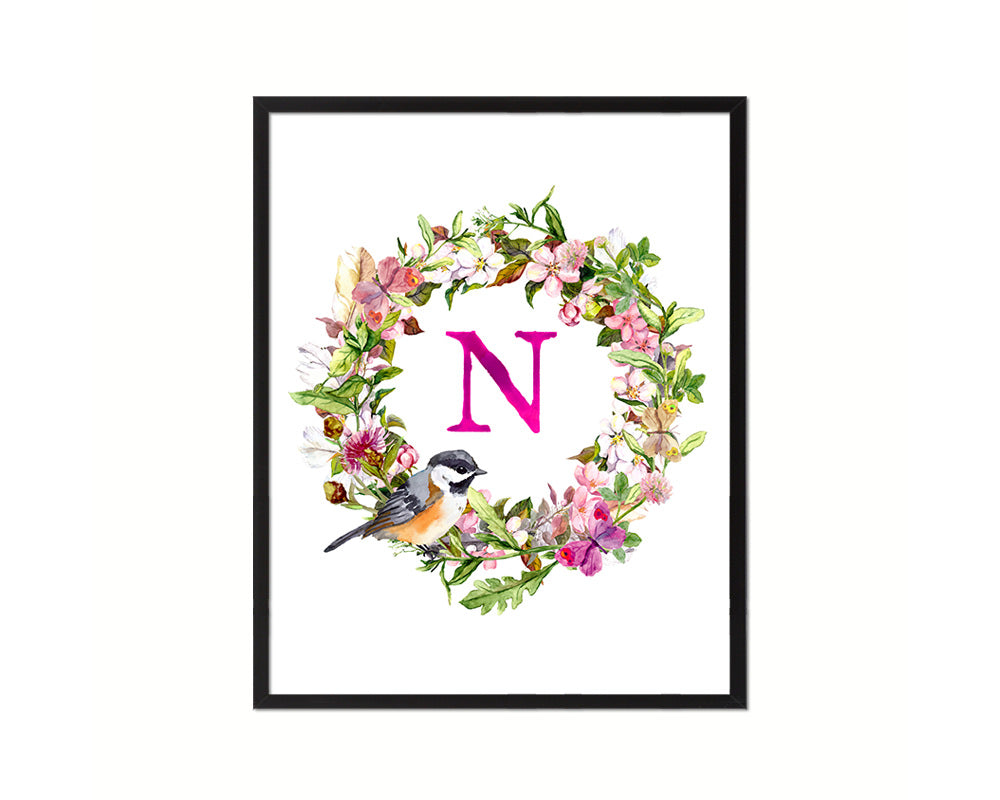 Letter N Custom Floral Wreath Monogram Framed Prints Wall Art