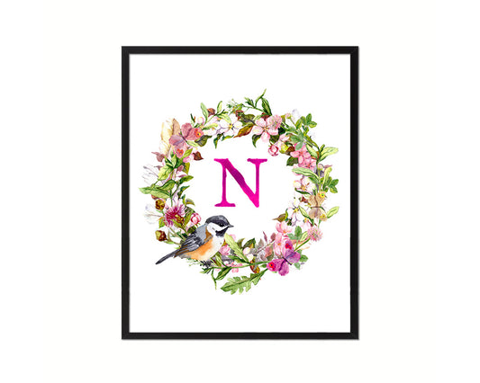 Letter N Custom Floral Wreath Monogram Framed Prints Wall Art