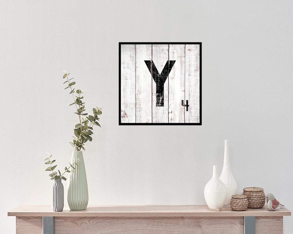 Letter Y Custom Scrabble Sign Framed Prints Wall Art Decor Gifts, White Wash Wood