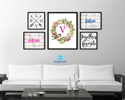 Letter V Custom Floral Wreath Monogram Framed Prints Wall Art