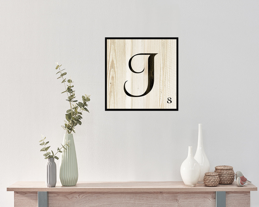 Letter J Custom Scrabble Sign Framed Prints Wall Art Decor Gifts, Wood