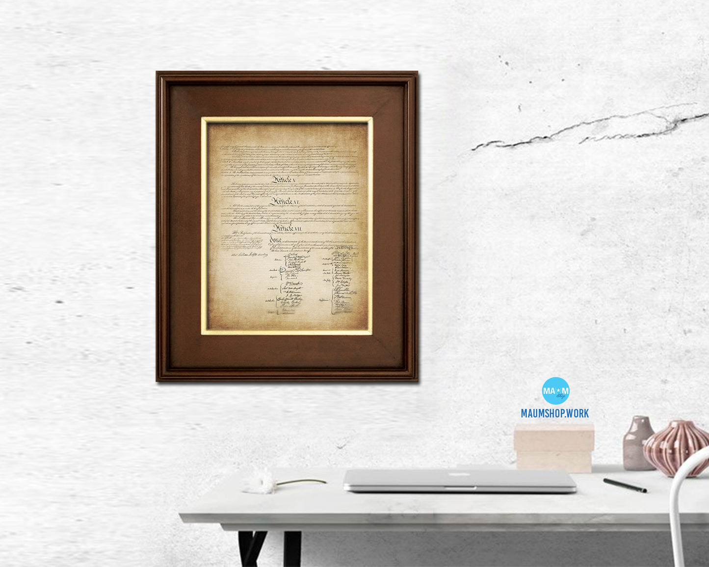 Constitution We the people US Historical Print Art Wood Framed Wall Decor Gifts, 12" x 16"